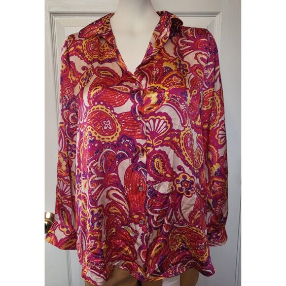 Haver London Button Down Blouse Paisley Reds & Pinks Long Sleeve Size S/P, NWOT - Picture 1 of 5
